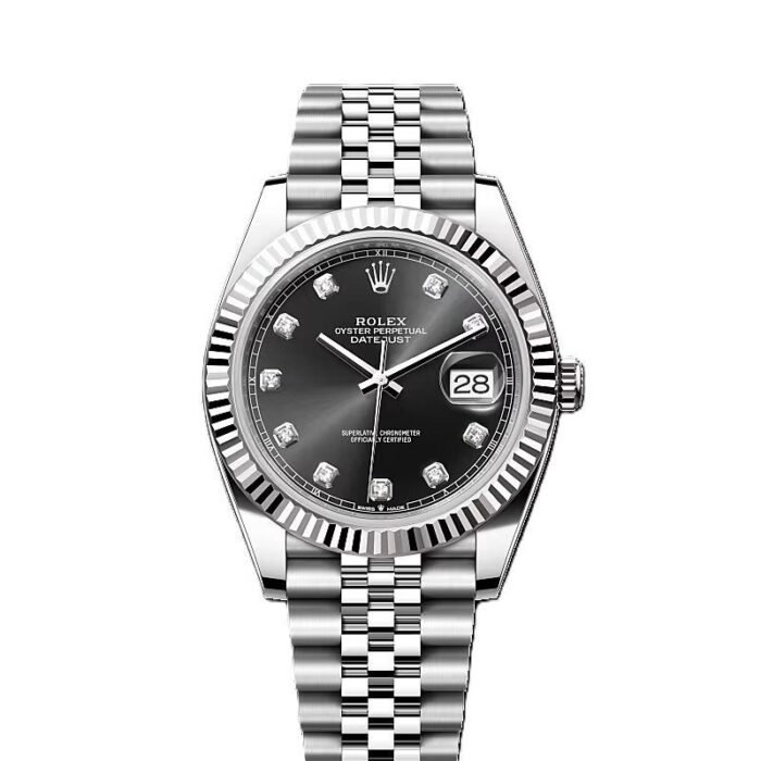 Rolex Date just 41 bright black, diamond-set (With Og Box)